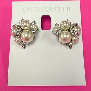 Charter club Silver-Tone Pavé & Imitation Pearl Cluster Button Earrings